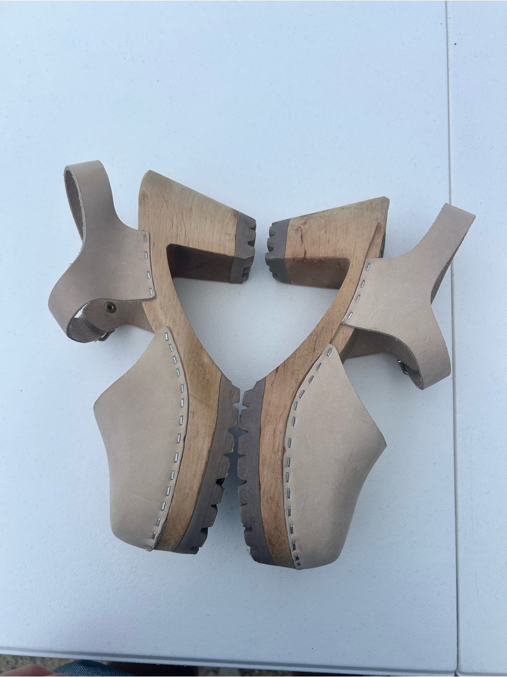 MIA Beige Leather Clog Heels with Wood Platform and Buckle - Picture 2 of 10